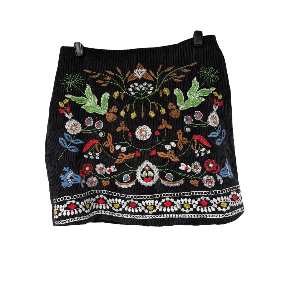 L'atiste Heavily Embroidered Black Corduroy Mini Skirt